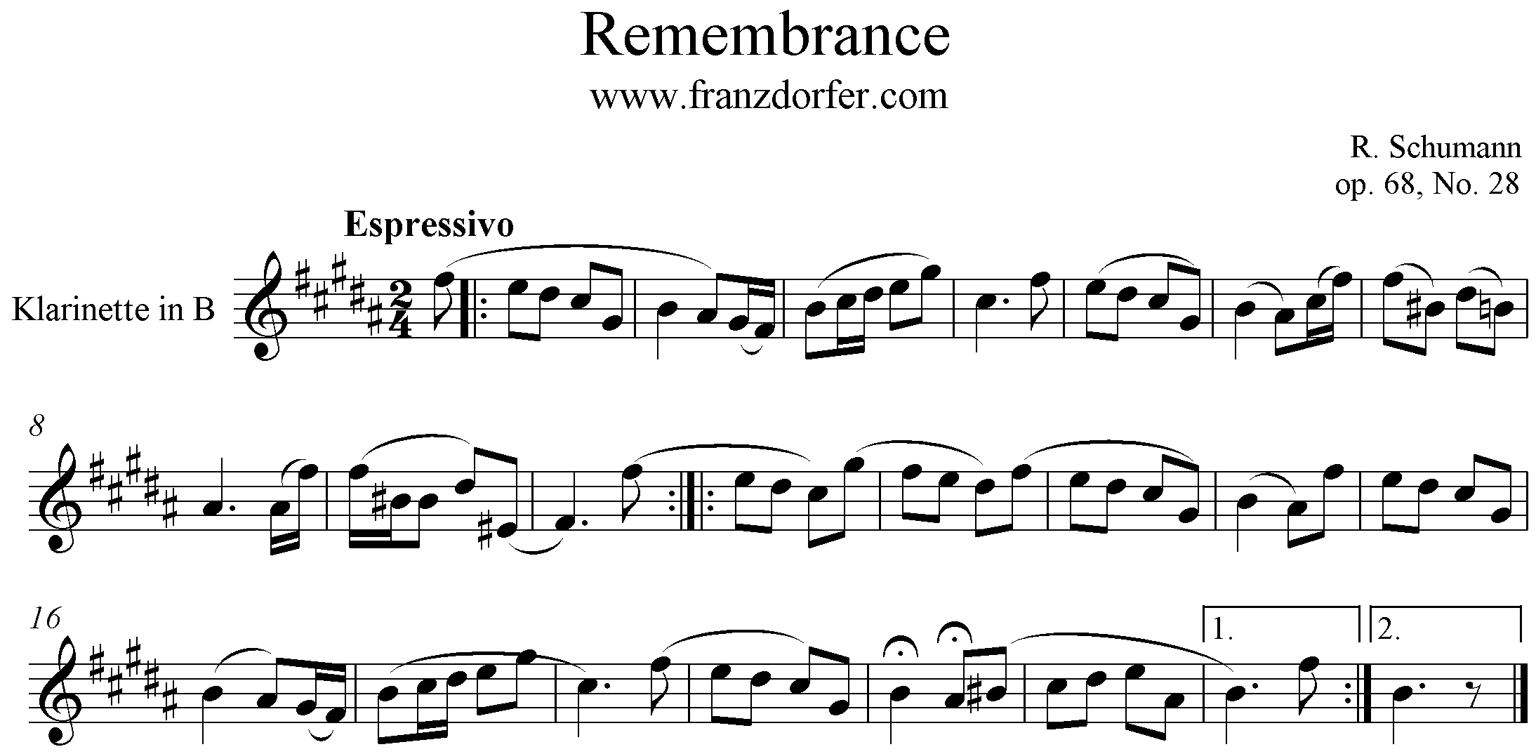 Remembrance Schumann Freesheet B-Major